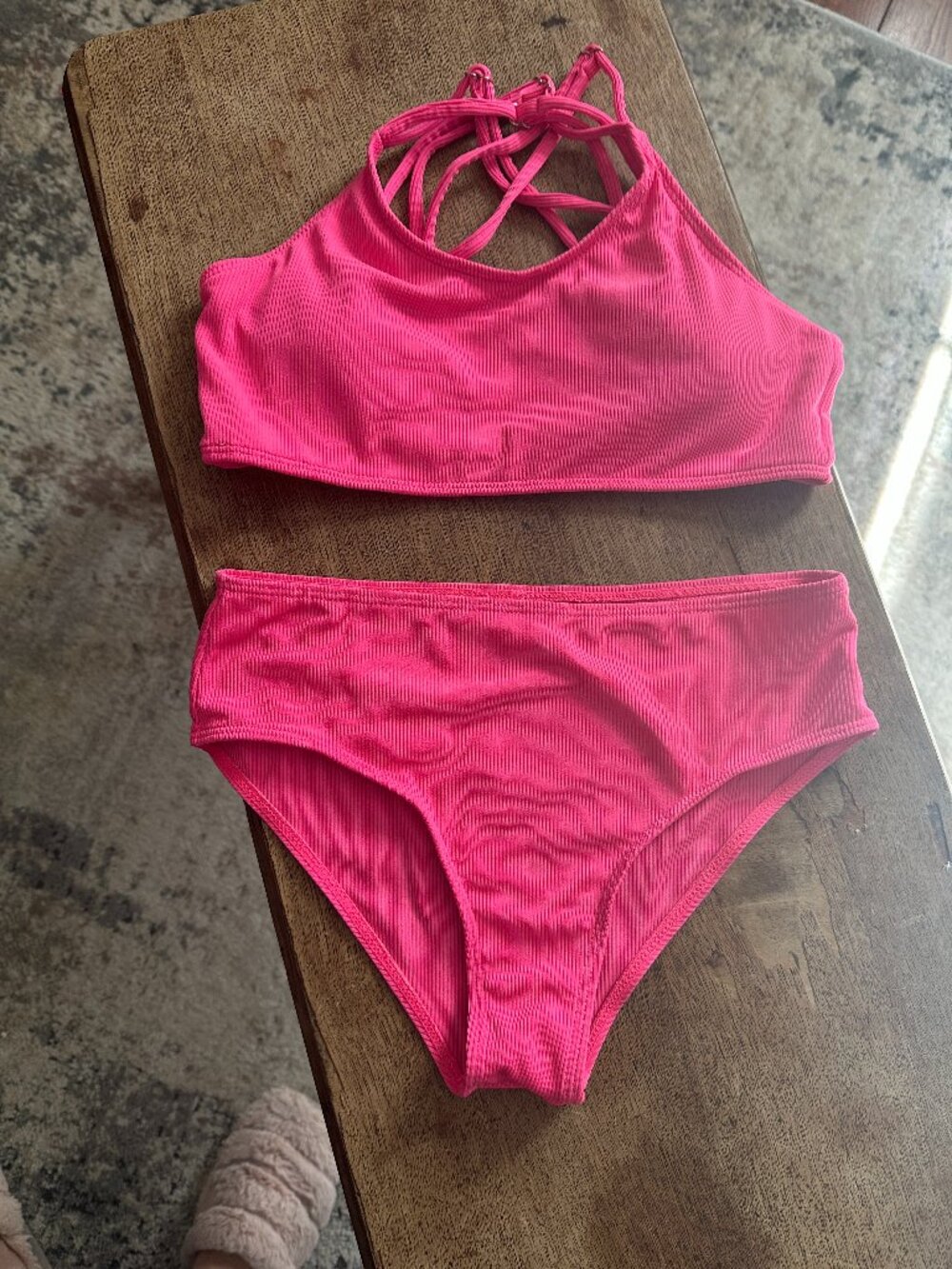 Tween Girl Solid Color Ribbed Knit Separate Bikini Set, Size 11-12Y